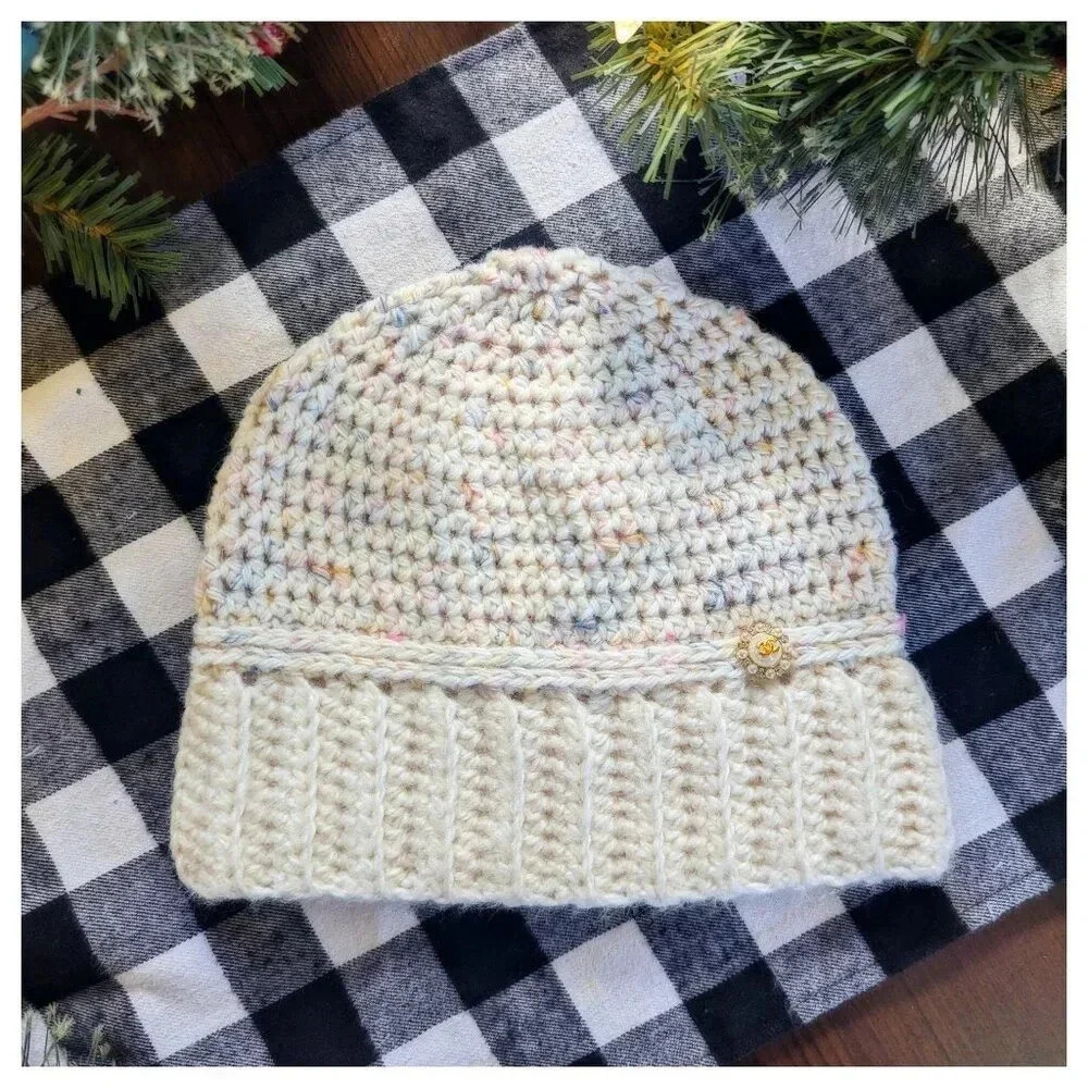 HANDMADE Crochet Confetti Fitted Beanie w/ Authentic Chanel Accent Button